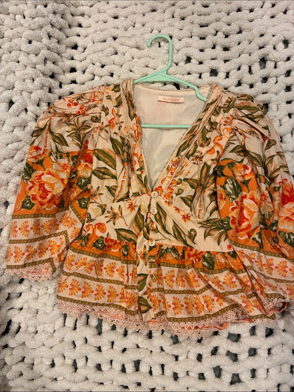 Olive & Oak Floral Button Peasant Top in Cream, Orange & Green